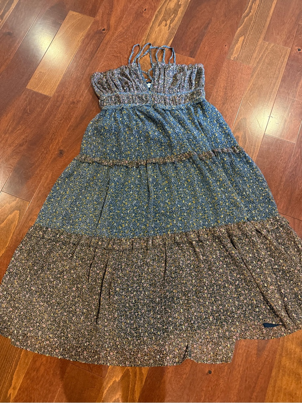 Lucky Brand Blue Floral Smocked Sundress with Pink Accents